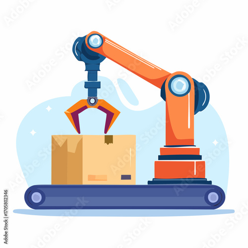 Orange Robotic Arm Lifting Brown Box on Conveyor Belt