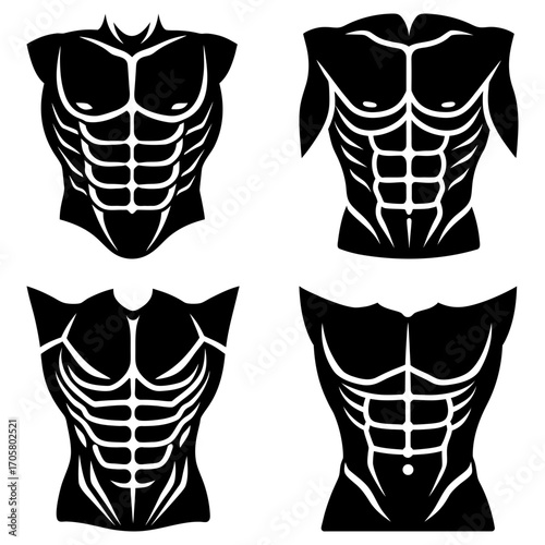 Four stylized black and white illustrations of muscular torsos with defined abdominal muscles shown