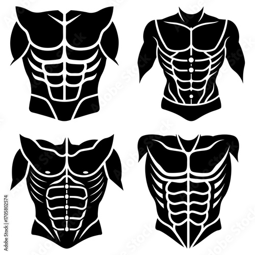Four stylized black and white illustrations of muscular male torsos with defined abdominal muscles
