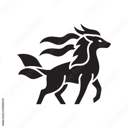 Black Stylized Fantasy Creature Silhouette with Flowing Mane and Horns