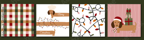 TRENDY CHRISTMAS ILLUSTRATION SET WITH CUTE DACHSHUNDS, PLAID PATTERN AND FESTIVE LIGHTS