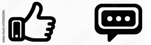 Minimal UI icons. Thumbs up and chat bubble symbols. Simple black design elements for interface and social use. Isolated on transparent background, png