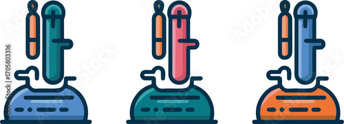Colorful Bunsen burners vector set, laboratory science equipment, chemistry experiment flame icon illustration