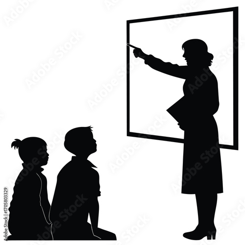 Classroom Scene Teacher Explaining Lesson to Students on Whiteboard Silhouette