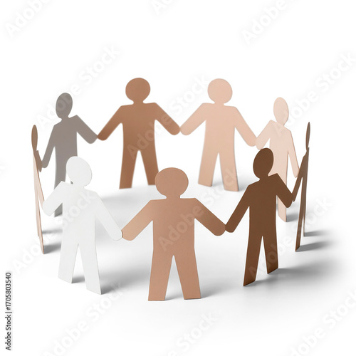 Transparent background image of diverse paper cut-out figures holding hands in a circle, symbolizing human solidarity, teamwork, and corporate collaboration. Includes subtle shadow for realistic effec
