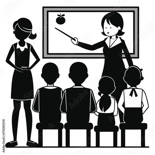 Illustrative School Scene Teacher at Whiteboard with Students Learning