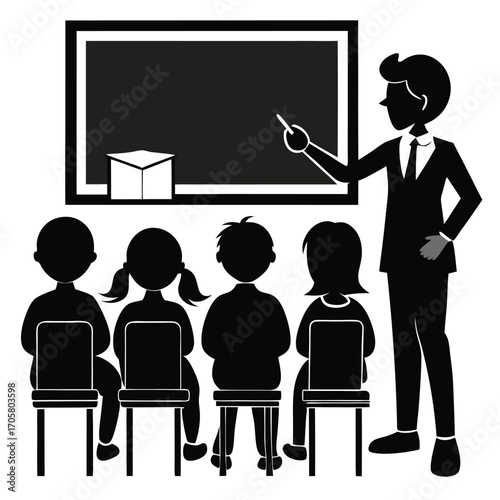 Silhouetted Teacher Educating Students in a Classroom with Blackboard