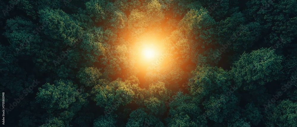 Fototapeta premium A serene aerial view of a dense forest with sunlight illuminating the center, creating a beautiful contrast of greens and warm light.