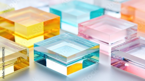 Multicolored transparent acrylic cubes arranged on a light surface, casting subtle shadows and creating a vibrant, abstract geometrical composition
