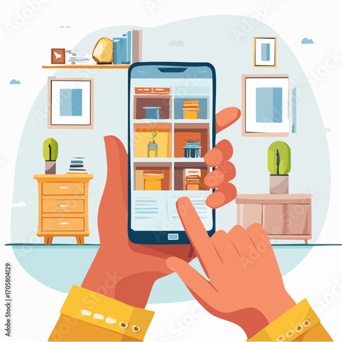 Hands Holding Smartphone with Online Shopping App in Modern Living Room