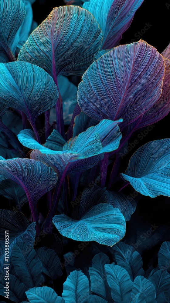 Obraz premium Vivid teal and purple tropical foliage against a stark black background, showcasing large, textured leaves with prominent veins and stems