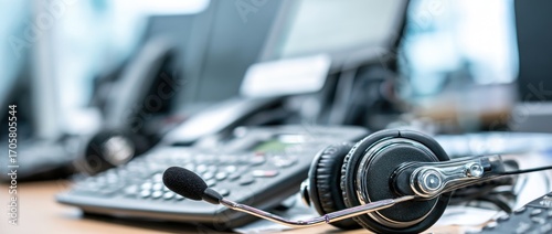 Desktop headset with microphone, keyboard, and desk phone are arranged on a light wood surface with a blurry computer and accessories background