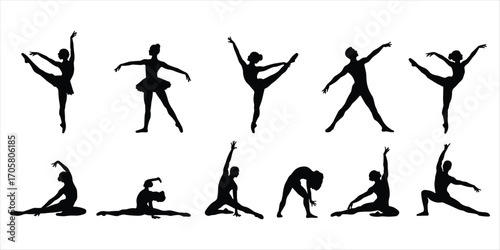 Ballet dancers and gymnasts in graceful poses silhouette on white background Keywords: ballet, dancers, gymnasts, silhouette