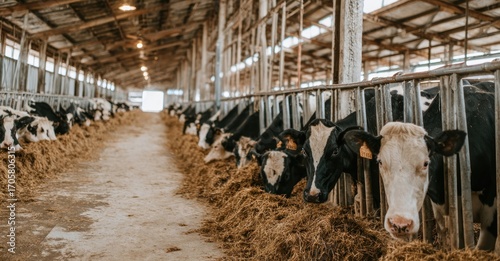 Row of dairy cows eating hay inside a barn with metal railings; sunlight filters through ceiling windows, illuminating the scene