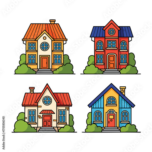 A collection of four colorful and charming cartoon houses with bold black outlines and unique designs.