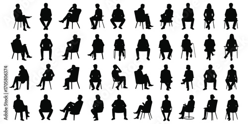 Array of seated male and female silhouettes in various postures on a white background Keywords: sitting, people, silhouette, man