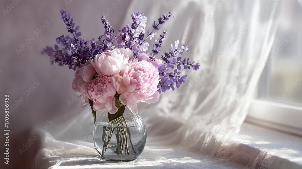 Obraz premium a delicate arrangement of pink peonies and lavender stands in a glass vase bathed in soft window light, creating a serene and peaceful still life.