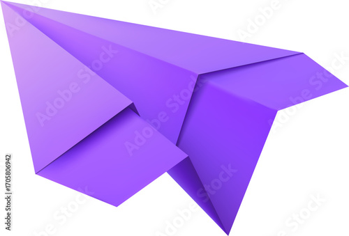 Realistic handmade paper plane 3d vector icon, purple paper sheet folded into airplane shape model, origami aircraft