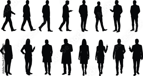 Business people silhouettes in various poses and actions on white background Keywords: silhouette, people, business, man, woman
