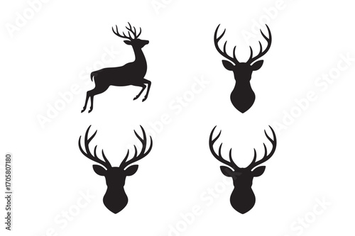 Four silhouette illustrations of deer and deer heads with antlers