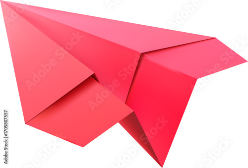 Realistic handmade paper plane 3d vector icon, red paper sheet folded into airplane shape model, origami aircraft