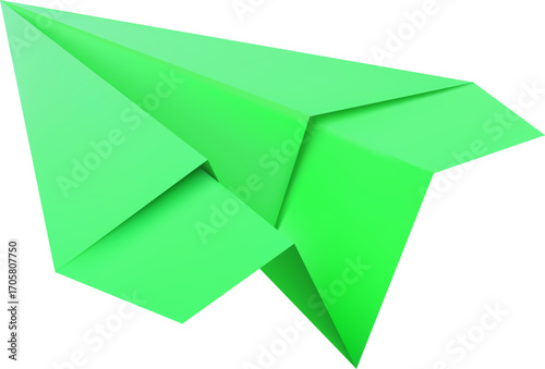 Green origami paper airplane icon flying up left, vector illustration.
