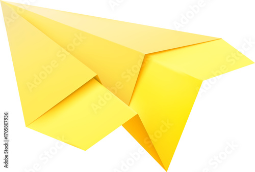Vector realistic paper airplane, yellow, flying up, left, origami.