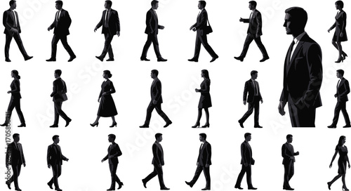 Collection of diverse male and female business people in silhouette walking and standing women