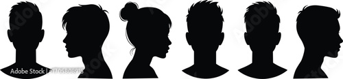 Collection of diverse male and female head silhouettes in profile and frontal views vector illustration