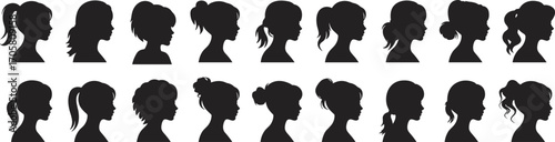 Collection of Female Head Silhouettes with Various Hairstyles Keywords: female, silhouette, head, profile, woman, girl