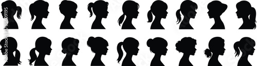Collection of Female Profile Silhouettes with Different Hairstyles woman head