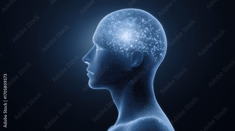 Obraz premium Human Silhouette with Glowing Brain Illustrating Mind Concept and Neural Connections in a Futuristic Style
