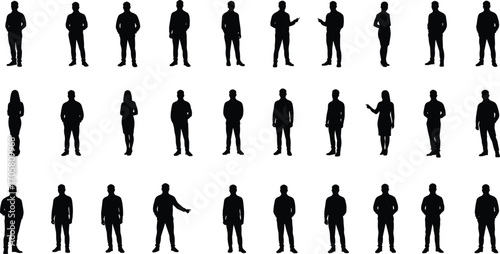 Collection of standing male and female silhouettes in different poses on white background people woman