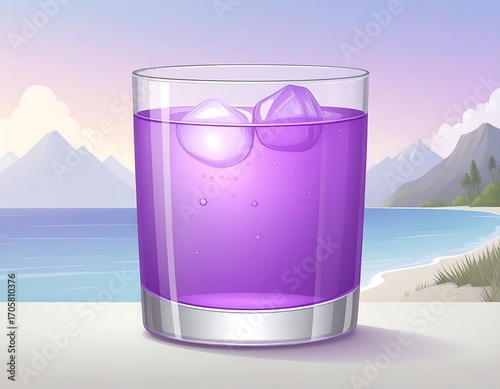 Purple drink with ice in glass, beach scene