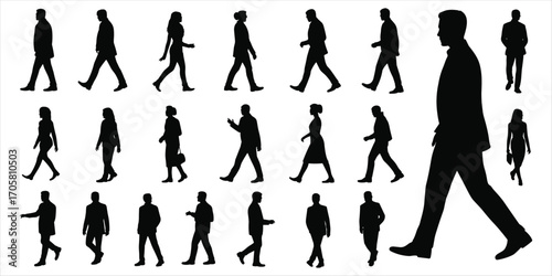 Diverse group of black male and female walking silhouettes on white background Keywords: walking, silhouette, people, man, woman