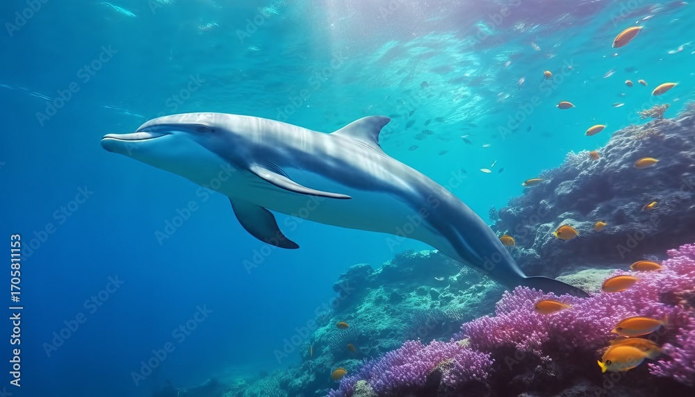 Obraz premium Dolphin swimming in the under sea , Beautiful Underwater and colorfull coral in wild nature of the Pacific Ocean