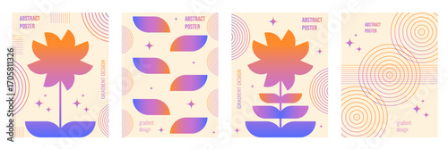 Modern Abstract vector poster cover set. Vector illustration of trendy Gradient Geometric shapes and flower interior poster collection. Perfect brandbook cover living room art design. EPS 10