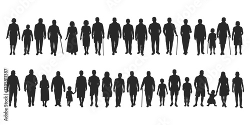 Diverse group of people silhouettes including adults and children walking together vector illustration