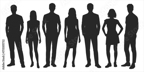 Diverse group of seven people silhouettes standing in a row on white background vector illustration