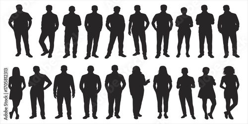 Diverse Silhouettes of Men and Women Standing in Two Rows Keywords: people, silhouette, standing, men, women, group, crowd