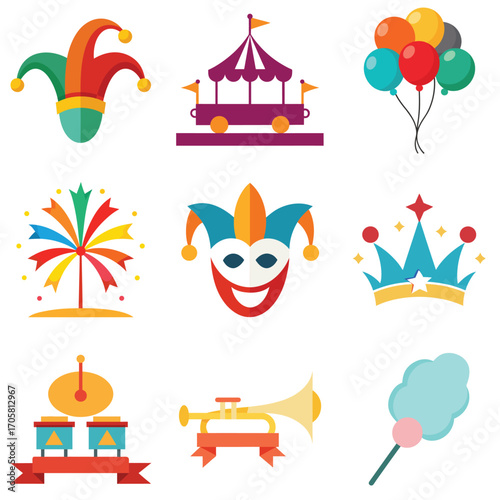 Simple flat vector icon of a colorful carnival jester hat