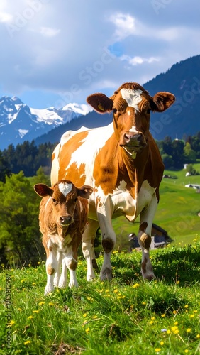 Two cows, brown and white, one a calf, stand in a grassy field.  Mountains in the background