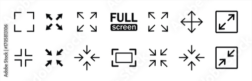 Full screen vector black icons. Set of full screen and exit full screen icon. Arrow mark icons. Scalability icons in flat style for web site, UI, mobile app. Vector illustration