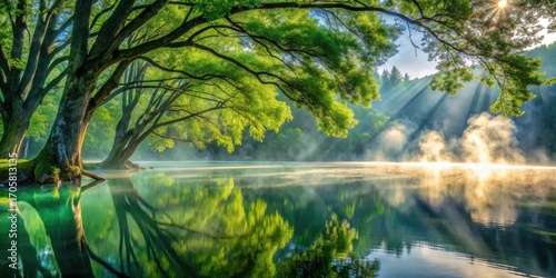 Serene Morning Mist Enveloping a Tranquil Lake Reflected in Still Waters Under the Canopy of Lush Green Trees Bathed in Golden Sunlight
