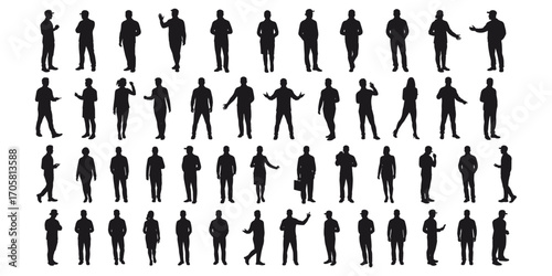 Large collection of diverse male and female human silhouettes in various poses and actions people group