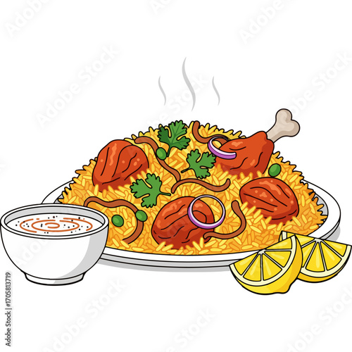 A detailed illustration of a traditional chicken biryani or pulao dish with chicken, rice, and spices. A perfect visual for menus, food blogs, or South Asian cuisine themes.

