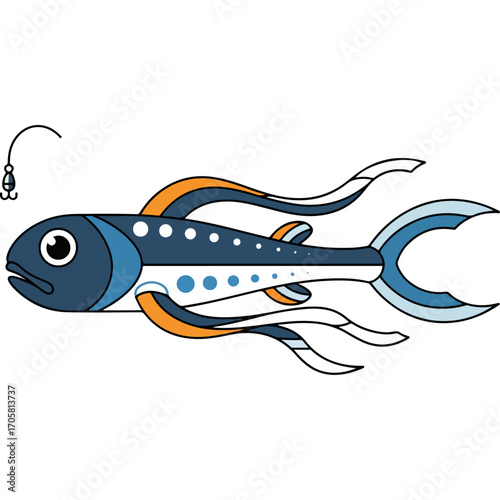 A charming and cute vector illustration of a fish in a modern, streamlined style. Perfect for marine life themes, children's designs, and educational content about sea creatures.

