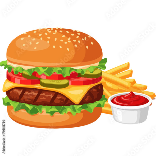 A classic, juicy cheeseburger with a side of golden French fries. A detailed and delicious illustration of popular American fast food, perfect for menus or food blogs.

