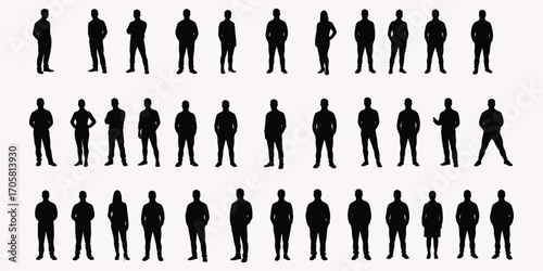 Large group of standing male and female silhouettes in casual attire on white background people woman