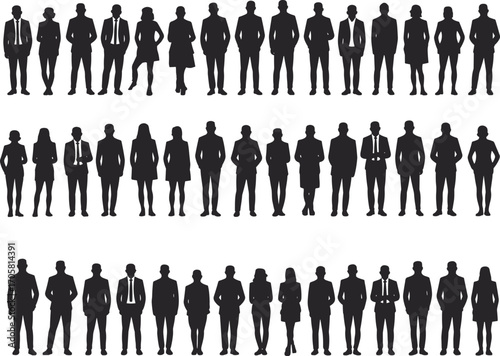 Rows of black silhouettes of men and women in business suits and dresses people standing